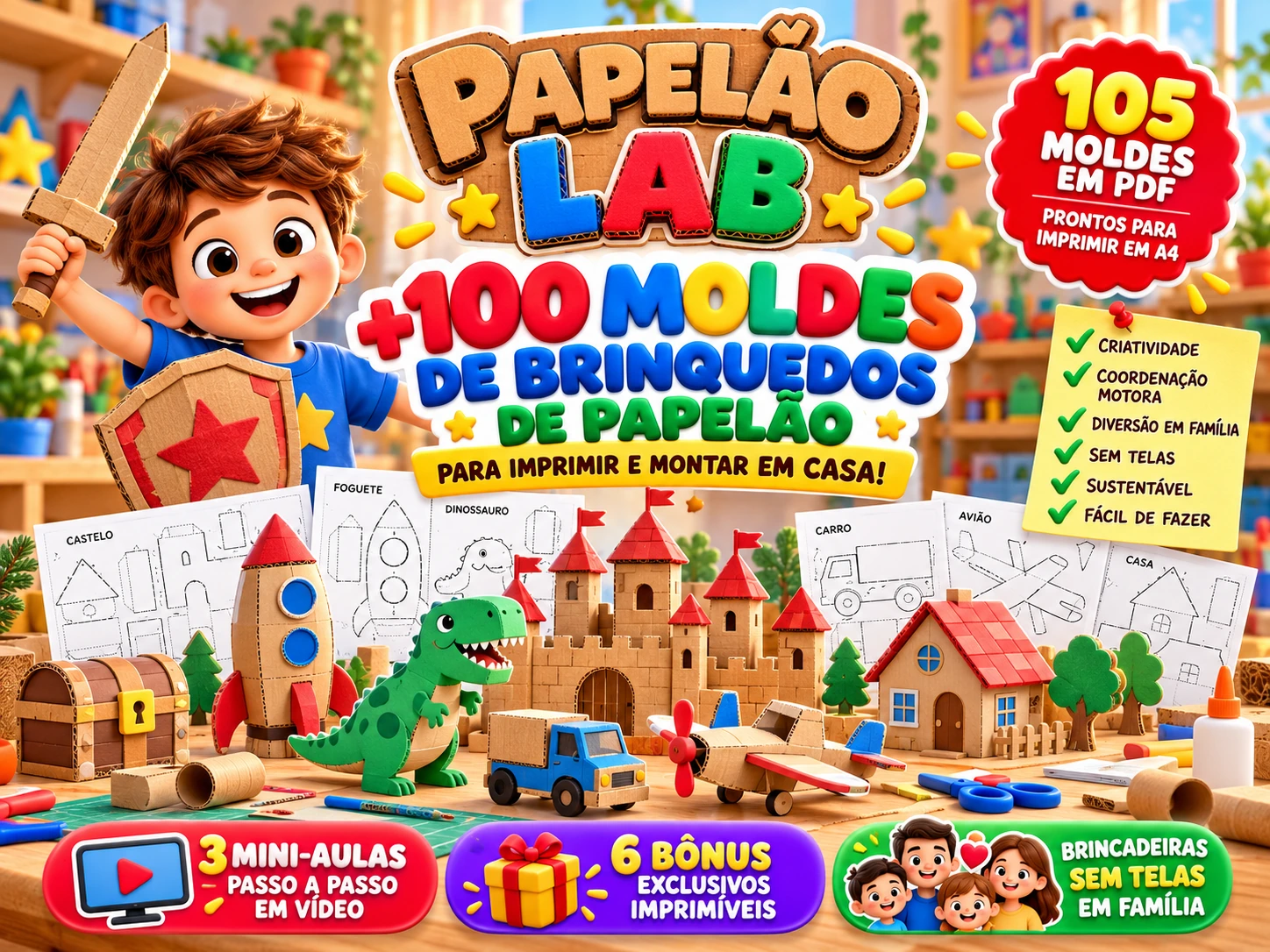 Arte 3D do Papelão Lab com menino e brinquedos de papelão, 105 moldes para imprimir