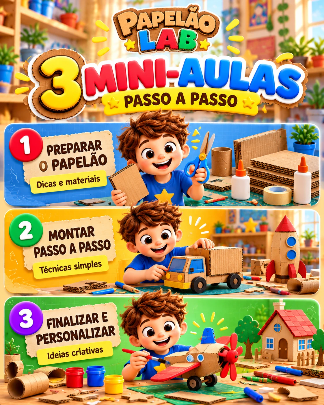 Arte das três mini-aulas do Papelão Lab: preparar, montar e personalizar